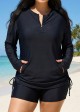 Long Sleeve Zip Front Side Pockets Drawstring Rash Guard Women Tankini Top