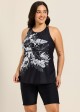 Plus Size Black Tropical Floral Print High Neck Modest Women's Swimsuit Tankini Top