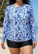 Curvy Blue And White Floral Upf50+ Long Sleeves Side Drawstring Swimsuit Shirt Tankini Top