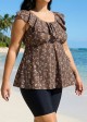 Brown Striped Floral Print Scoop Neck Modest Built In Bra Ruffle Curvy Women's Swimsuit Tankini Top