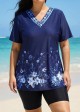 Plus Size Navy Floral V Neck Upf50+ Short Sleeves Modest Padded Swimsuit Long Tankini Top