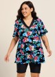 Plus Size Black Floral V Neck Upf50+ Short Sleeves Modest Padded Swimsuit Long Tankini Top