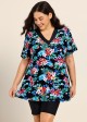 Plus Size Black Floral V Neck Upf50+ Short Sleeves Modest Padded Swimsuit Long Tankini Top