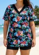Plus Size Black Floral V Neck Upf50+ Short Sleeves Modest Padded Swimsuit Long Tankini Top