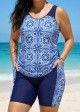 Blue Floral Print Scoop Neck Modest Built In Bra Drawstring Plus Size Women's Swimsuit Tankini Set