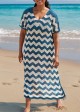 Blue And White Geometric Slit Hem Cutout Swimsuit Cover Up