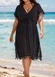 Black Weave Sleeveless Long Fringe Vacation Cover Up