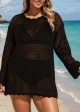 Curvy Black Hollow Crochet Knit Long Sleeves Beach Cover Ups Top