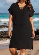 Black Lace Up Neckline Short Sleeves Plus Size Bathing Suit Cover Ups Dress