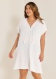 White Lace Up Neckline Short Sleeves Plus Size Bathing Suit Cover Ups Dress