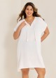 White Lace Up Neckline Short Sleeves Plus Size Bathing Suit Cover Ups Dress