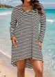 White Striped Hoodie Curvy Beachwear Cover Ups Dress
