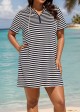 Plus Size Navy Striped Drawstring Hooded Beach Cover Ups Tee Dress