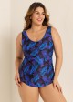 Purple Plants Print Stylish Plus Size Modest One Piece Swimsuit