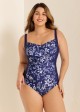 Blue Floral Tummy Control Curvy Swimwear Bathing Suits One Piece Swimsuit