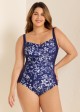 Blue Floral Tummy Control Curvy Swimwear Bathing Suits One Piece Swimsuit