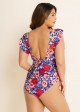 Stylish Floral Print Ruffle Sleeves Backless Rash Guard One Piece Swimsuit