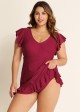 Burgundy V Neck Petal Sleeve Vintage Drawstring One Piece Swimsuit