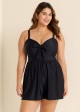 Plain Black Bowknot Pocket Gathered Romper One Piece Swimsuit