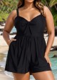 Plain Black Bowknot Pocket Gathered Romper One Piece Swimsuit