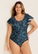 Green Gold Butterfly Ruffle Sleeve Modest Plus Size One Piece Swimsuit