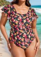 Curvy Red Floral Short Sleeve Swimsuit And Swimwear One Piece Swimsuit