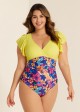 Yellow with Tropical Floral Print Ruffle Sleeved One Piece Swimsuit