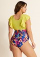 Yellow with Tropical Floral Print Ruffle Sleeved One Piece Swimsuit