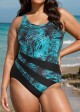 Plus Size Green Leaf Print Color Block Swimsuit One Piece Swimsuit