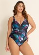 Black Floral Print V Neck Waist Detail One Piece Swimsuit