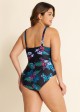 Black Floral Print V Neck Waist Detail One Piece Swimsuit