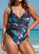 Black Floral Print V Neck Waist Detail One Piece Swimsuit
