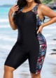 Plants Print Scoop Neck Athletic Boyleg Tummy Rash Guard Control One Piece Swimsuit
