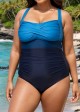 Blue Panelled Twist Front Modest Plus Size One Piece Swimsuit