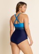 Blue Panelled Twist Front Modest Plus Size One Piece Swimsuit