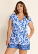 Blue White Floral Short Sleeves Wrap Pocket Curvy One Piece Swimsuit Swim Romper