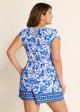 Blue White Floral Short Sleeves Wrap Pocket Curvy One Piece Swimsuit Swim Romper