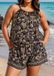 Plus Size Black Print High Neck Hollow With Pocket One Piece Swimsuit Swim Romper