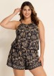 Plus Size Black Print High Neck Hollow With Pocket One Piece Swimsuit Swim Romper