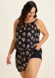 Yellow Floral Keyhole Neck Modest Pocket Curvy Women's Swimsuit One Piece Swim Romper