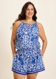 Plus Size Blue Floral Print High Neck Flattering Pocket Swimsuit One Piece Swim Romper