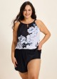 Black And White Floral High Neck Vintage Pocket Plus Size Swimsuit One Piece Swim Romper