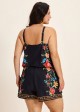 Plus Size Black Tropical Floral Keyhole Neck Modest Pocket Swimsuit One Piece Swim Romper