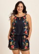 Plus Size Black Tropical Floral Keyhole Neck Modest Pocket Swimsuit One Piece Swim Romper
