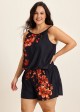 Curvy Red Tropical Floral Keyhole Neck Modest Pocket Women's Swimsuit One Piece Swim Romper