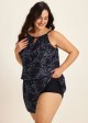 Plus Size Black Floral High Neck Vintage Pocket Women's Swimsuit One Piece Swim Romper