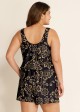Black Print Wide Strap Pocket Plus Size One Piece Swimsuit Swim Romper