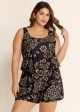 Black Print Wide Strap Pocket Plus Size One Piece Swimsuit Swim Romper