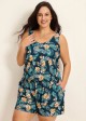 Green Swimming Costume Tropical Floral Scoop Neck Wide Strap Pocket Plus Size Swim Romper