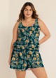 Green Swimming Costume Tropical Floral Scoop Neck Wide Strap Pocket Plus Size Swim Romper